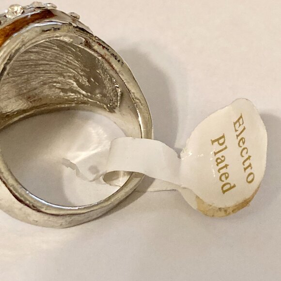 Vintage Brown Enamel Swirl Crystal Cocktail Ring Art Deco Silver Plated Size 8 - Picture 8 of 12